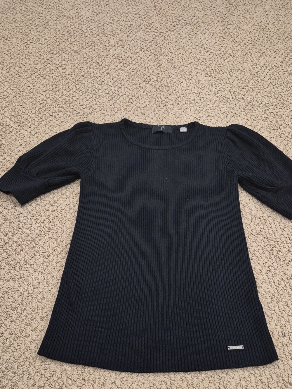 Tahari Black Ribbed Puff-Sleeve Crewneck Sweater